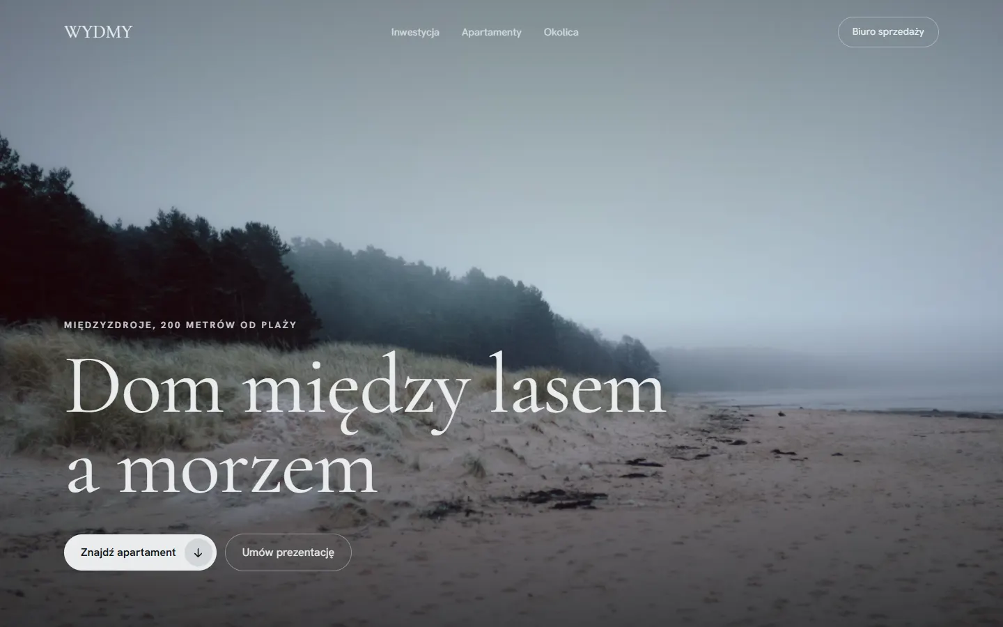 Strona inwestycji Wydmy: mglista plaża i hasło Dom między lasem a morzem