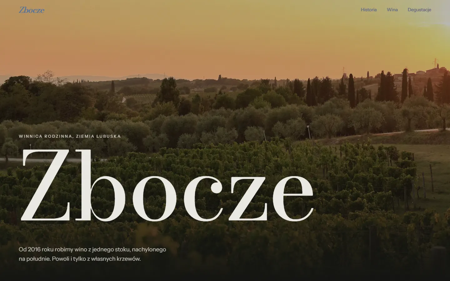 Strona winnicy Zbocze: wielki napis na tle winnicy o zachodzie słońca
